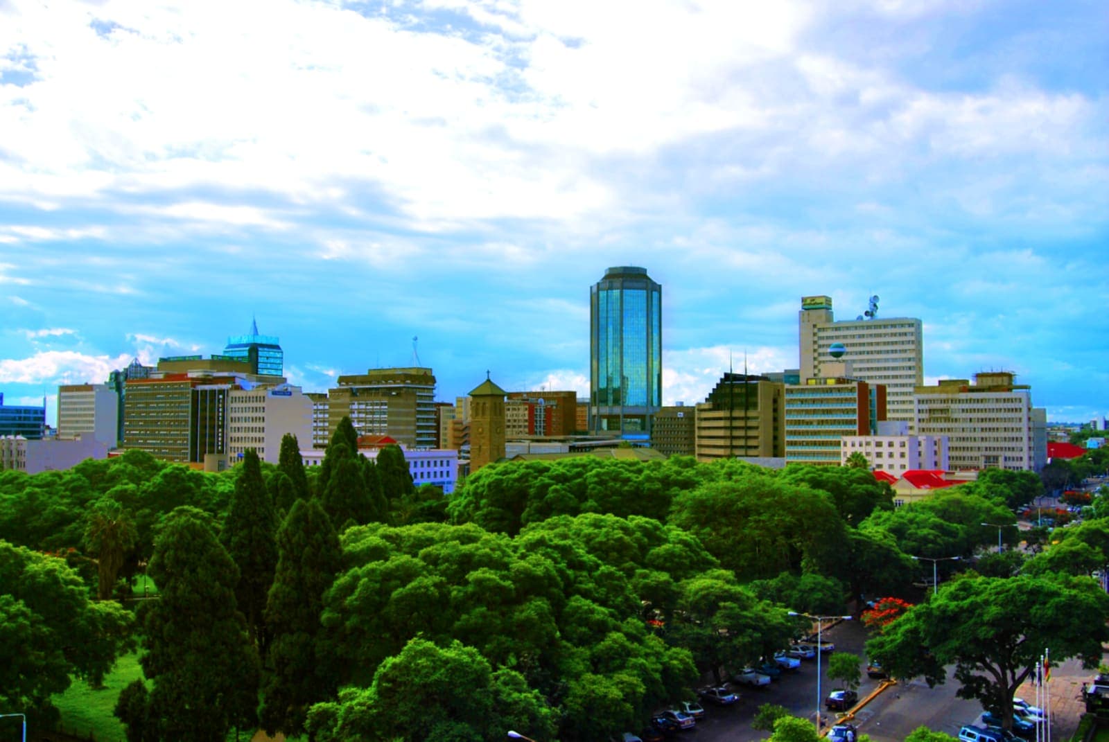 Harare's central business district above the trees